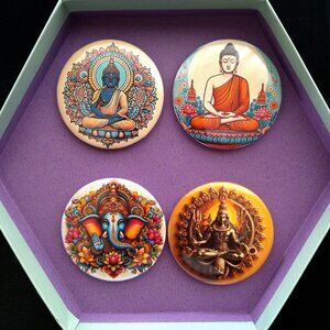 Buddha Ganesh Shiva Set of 4 Button Pins Round 2.25"/58mm